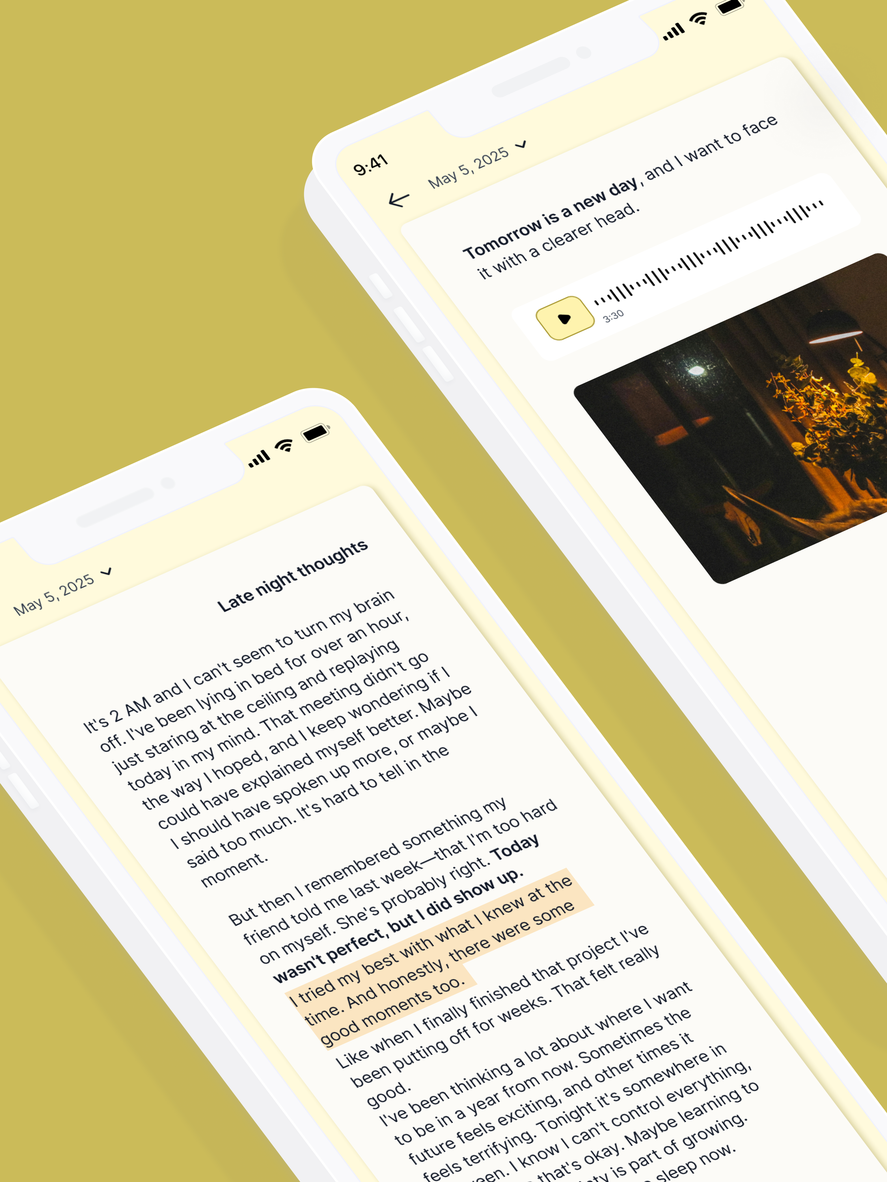 Journeal preview showing a journal entry interface with reflection text and a photo