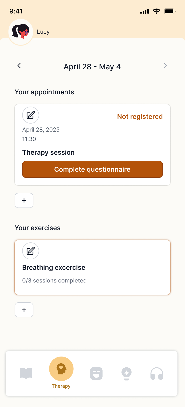 Therapy section showing unregistered session
