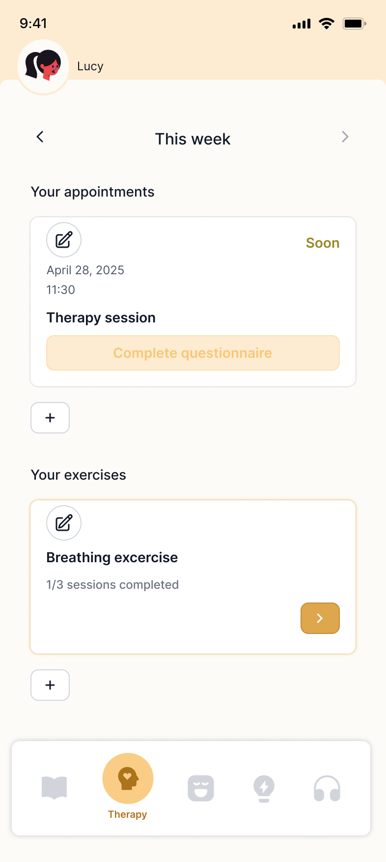 Therapy section showing upcoming session