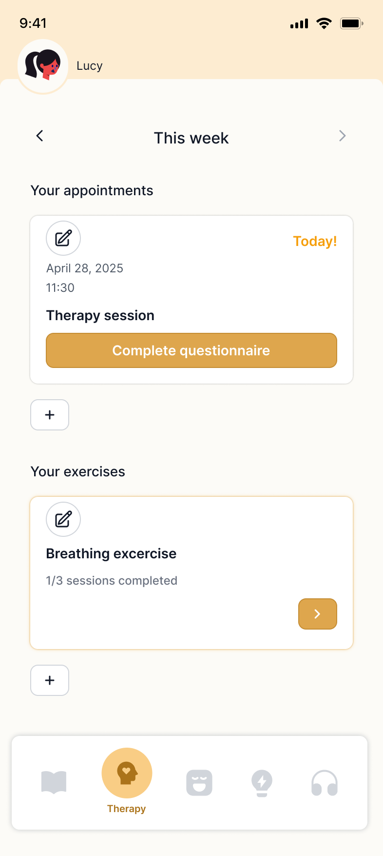 Therapy section showing today's session