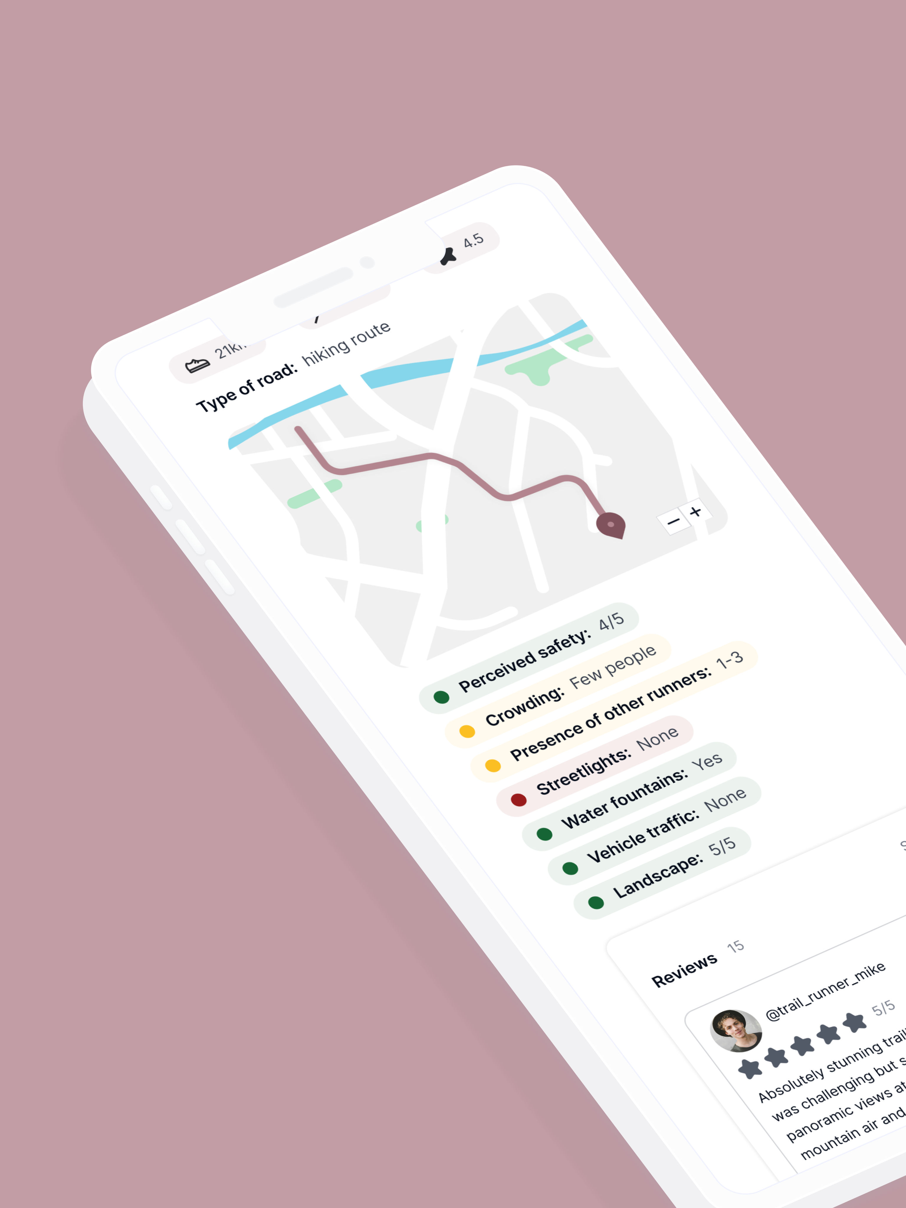 Runnable preview showing route planning on a map with a run summary card