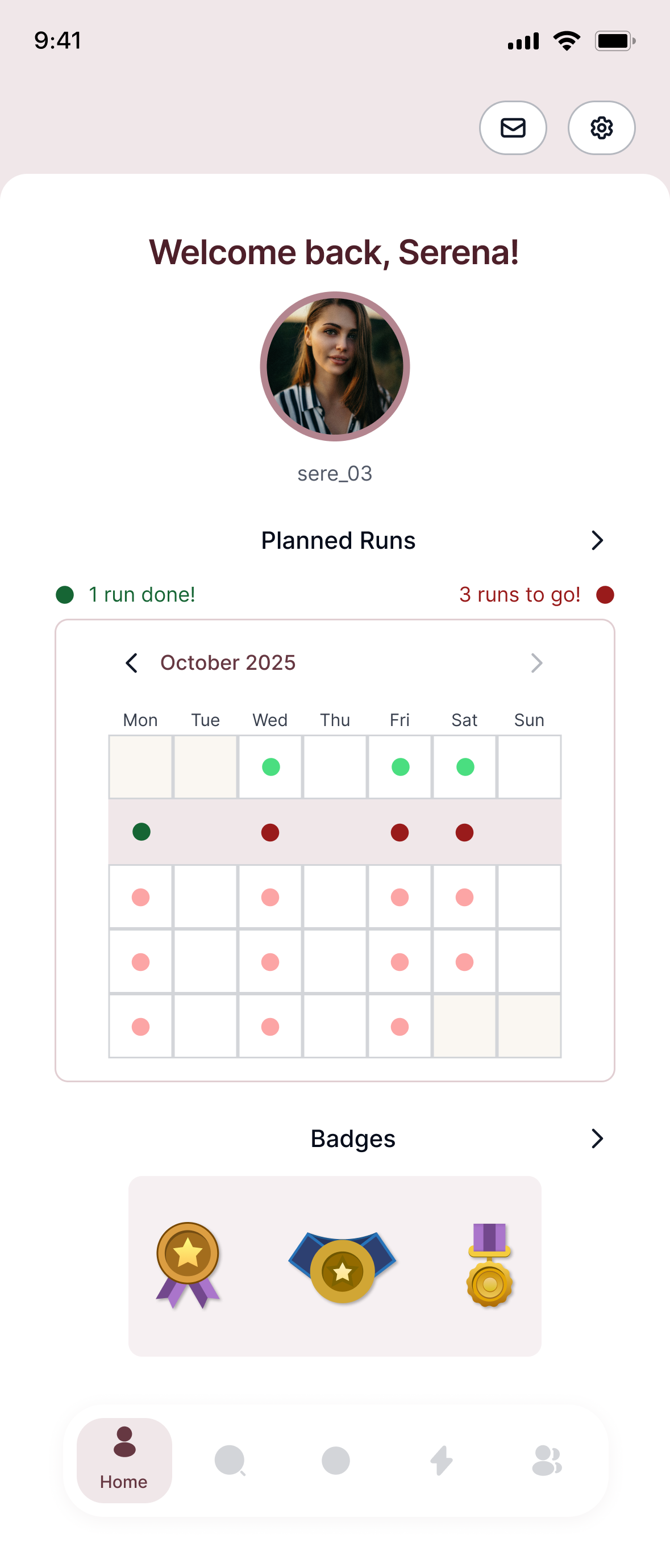 Homescreen showing user profile and running program